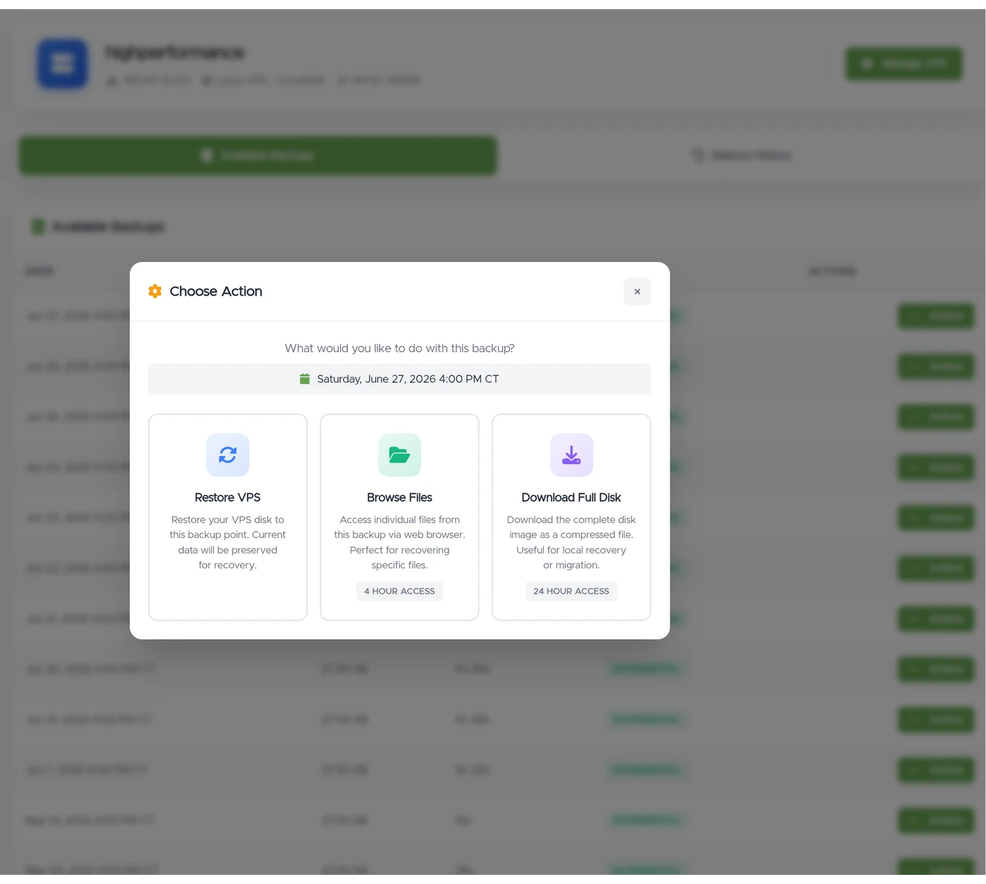 VPSDime control panel — backup restore options