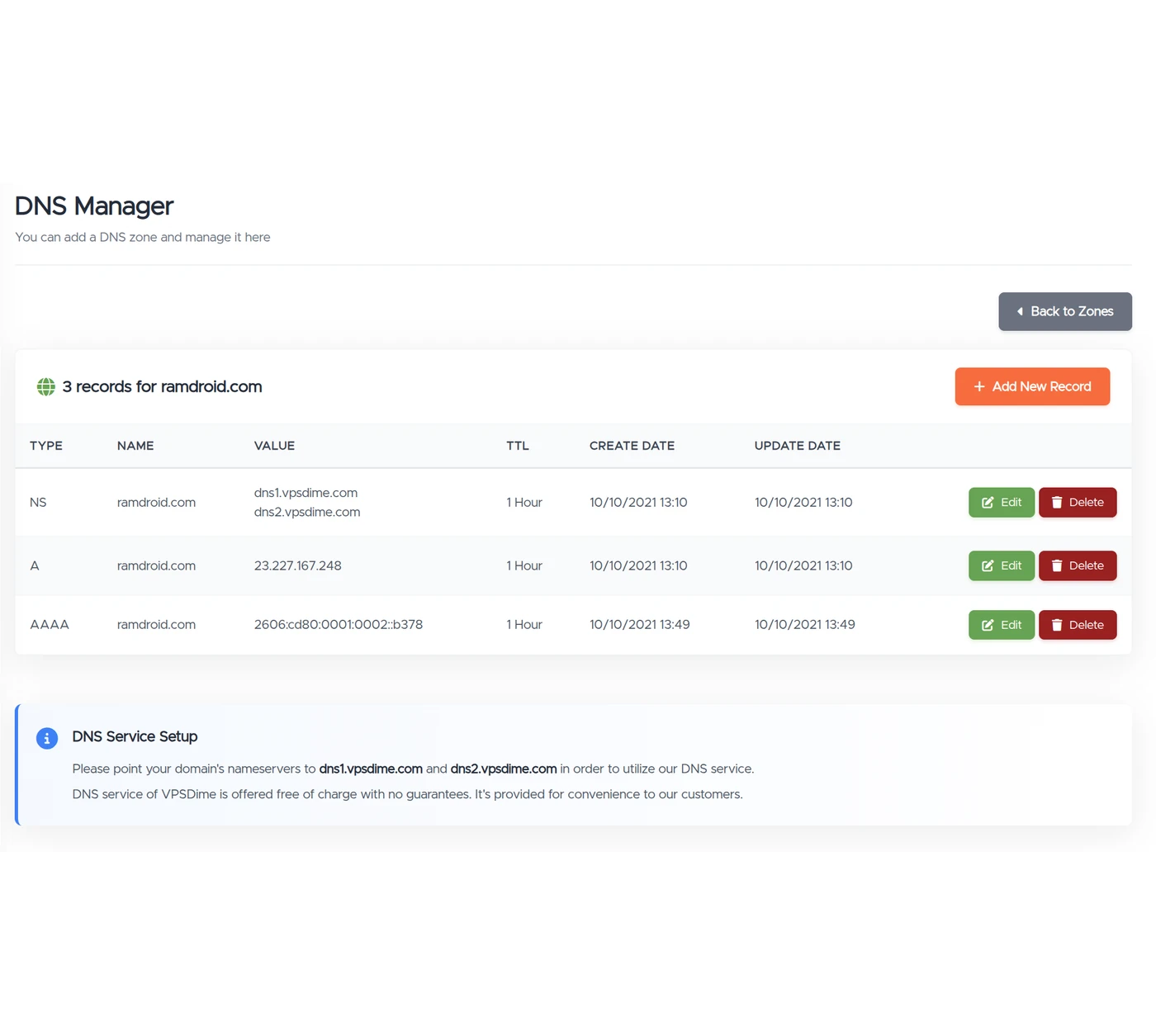 VPSDime control panel — DNS manager
