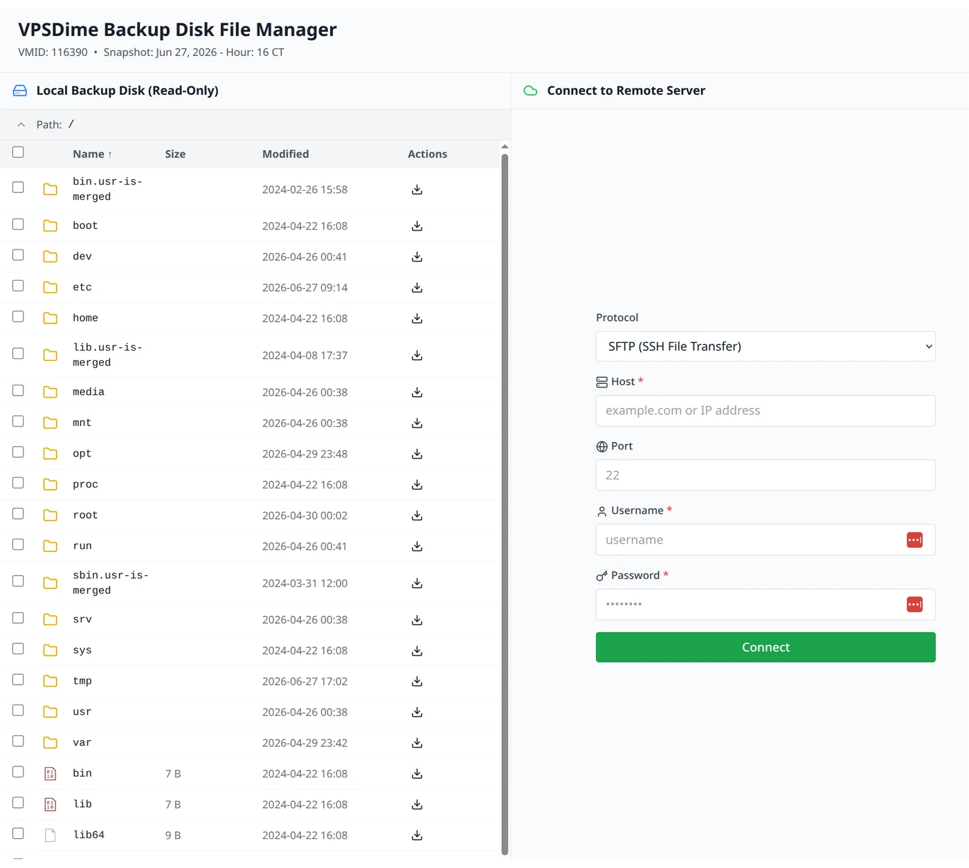 VPSDime control panel — backup file manager