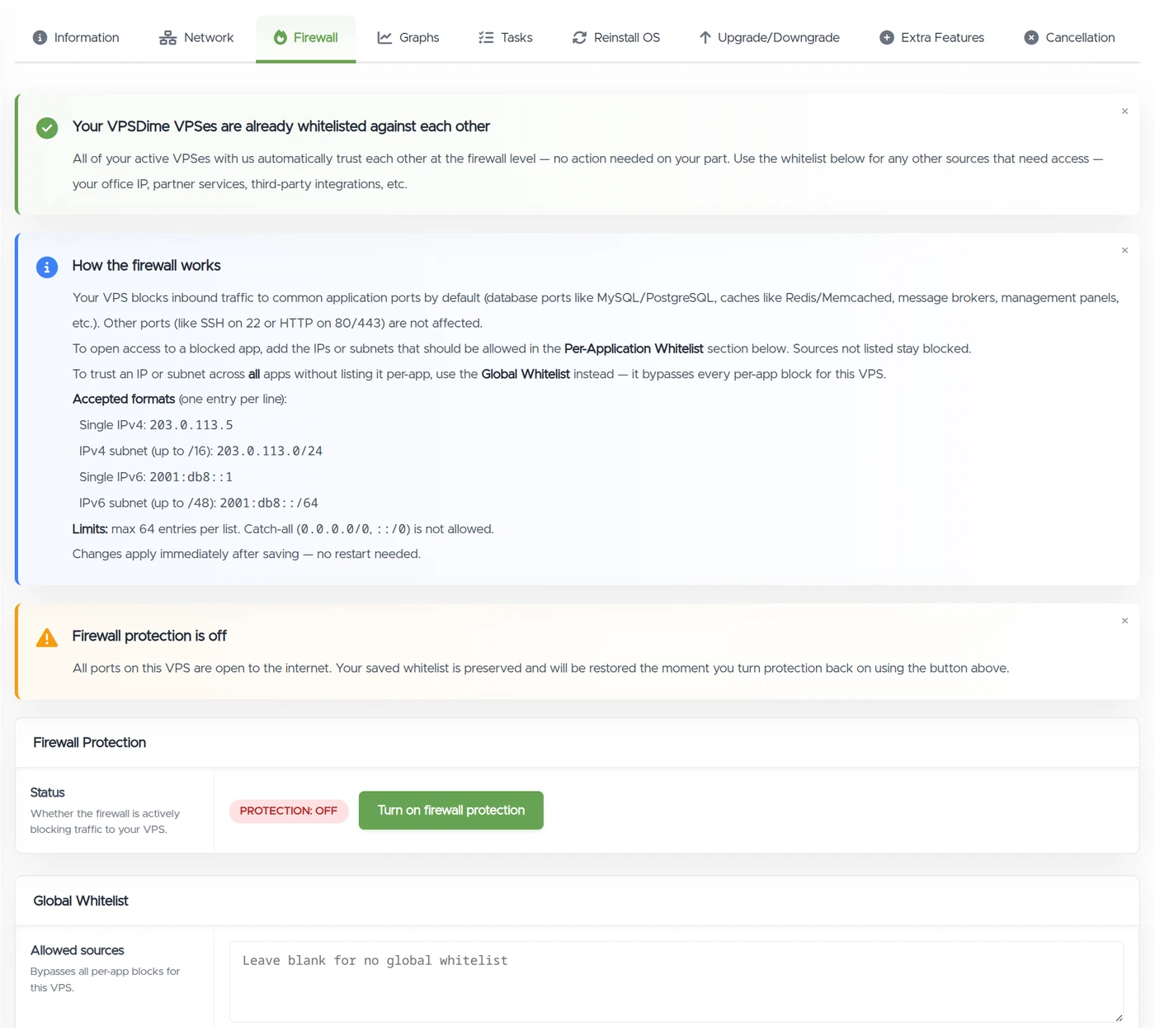 VPSDime control panel — managed firewall