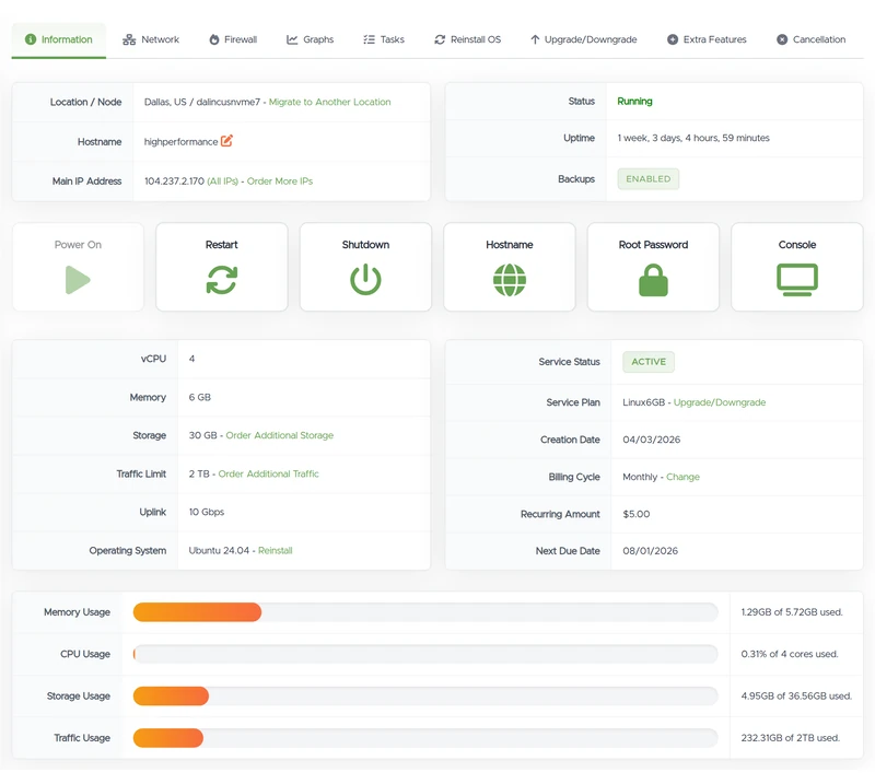 VPSDime control panel — VPS overview