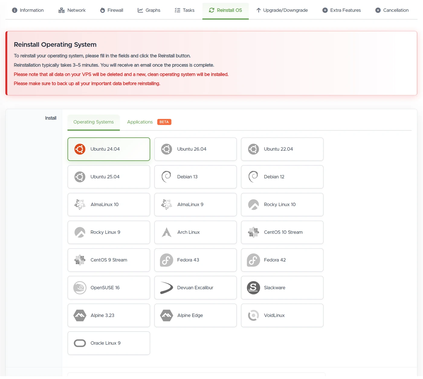 VPSDime control panel — one-click OS reinstall
