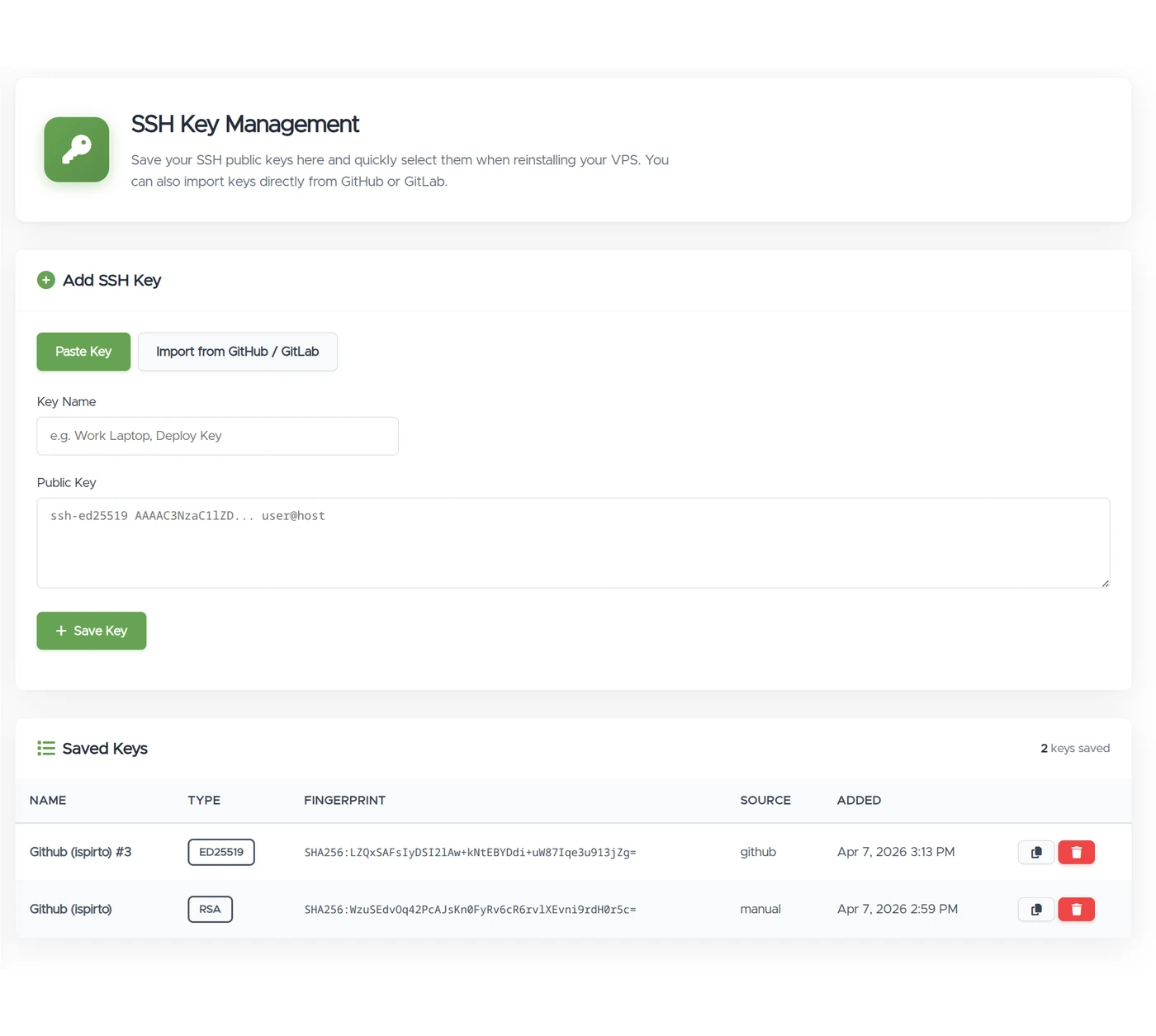 VPSDime control panel — SSH key management