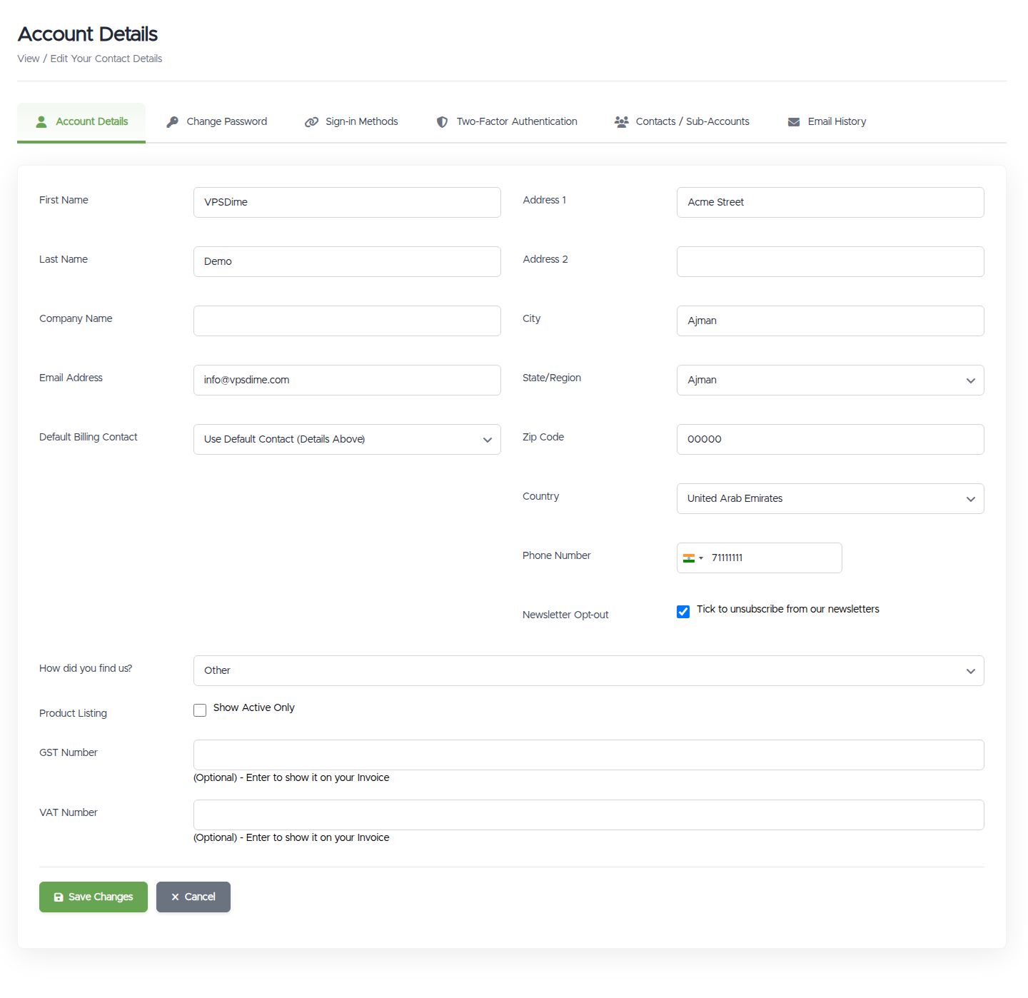 The Account Details page with contact fields, Default Billing Contact selector, Newsletter Opt-out checkbox, GST/VAT number fields, and a Save Changes button