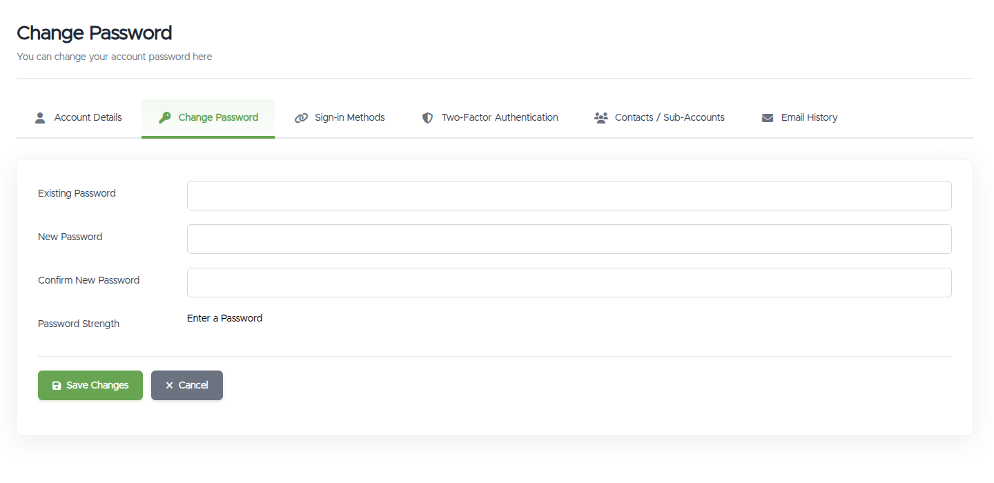 The Change Password page with Existing Password, New Password, and Confirm New Password fields, a password-strength indicator, and a Save Changes button