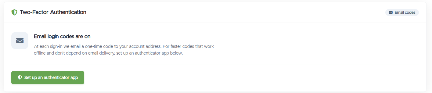 The Two-Factor Authentication status card reading "Email login codes are on" with a Set up an authenticator app button