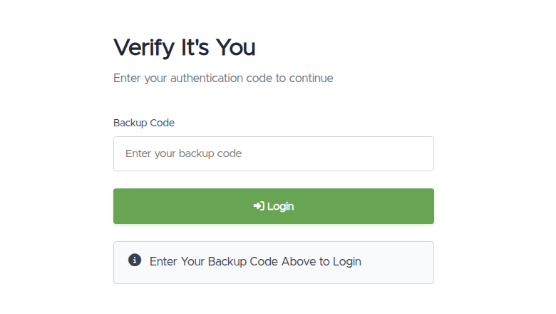 The "Verify It's You" screen with a Backup Code field and a Login button