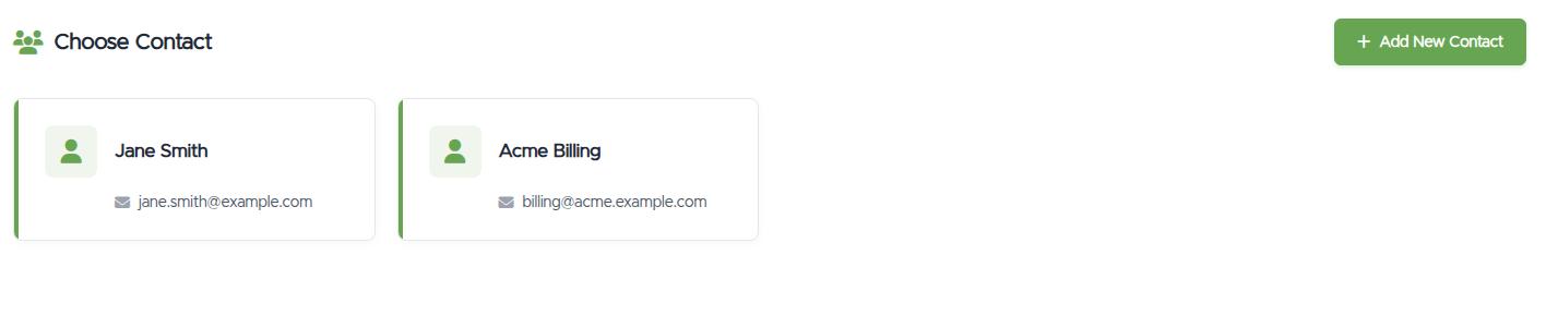 The Contacts / Sub-Accounts page: a "Choose Contact" list of existing contact cards and an Add New Contact button