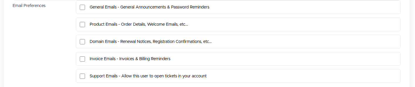The Email Preferences checkboxes on the contact form: General, Product, Domain, Invoice, and Support emails