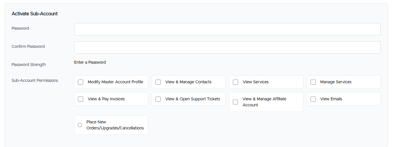The Activate Sub-Account panel with password fields and the Sub-Account Permissions checkboxes