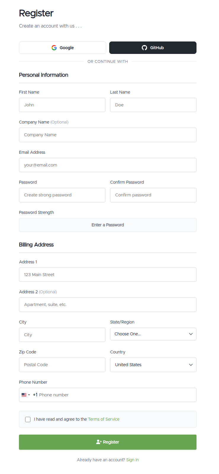 The Register form with Google and GitHub buttons at the top, Personal Information and Billing Address fields, a Terms of Service checkbox, and a Register button