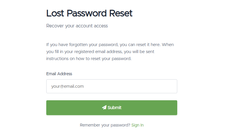 The Lost Password Reset request page with an Email Address field and a Submit button