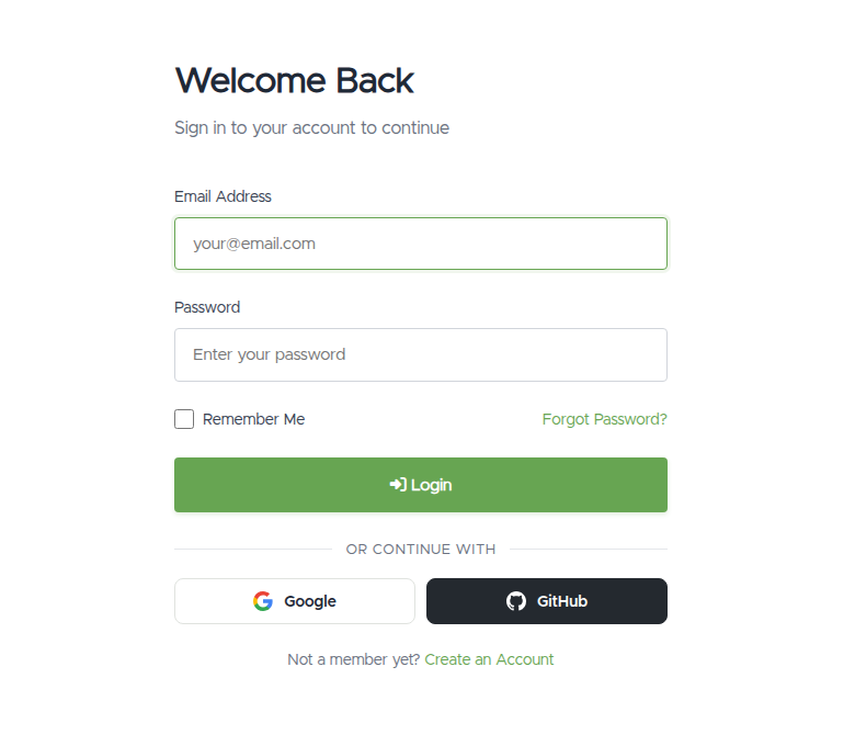 The sign-in form with Google and GitHub buttons below the email and password fields, under "or continue with"