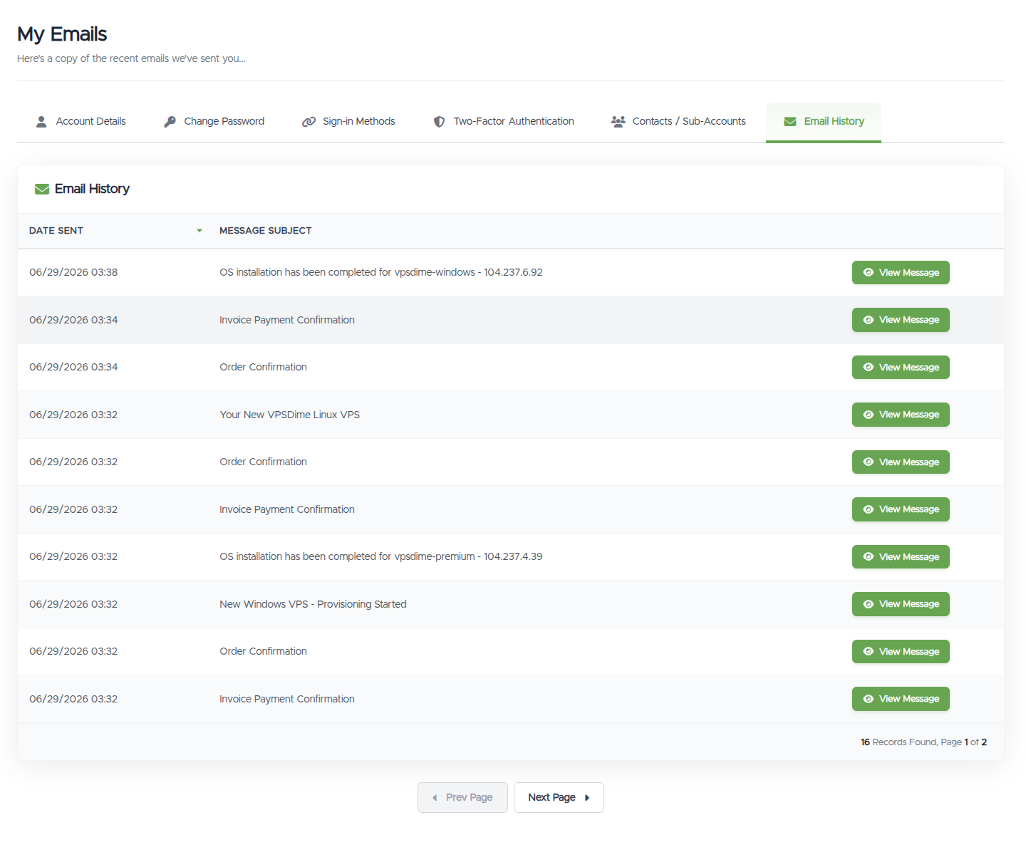 The Email History page: a table of Date Sent and Message Subject rows, each with a View Message button, plus a record count and page navigation