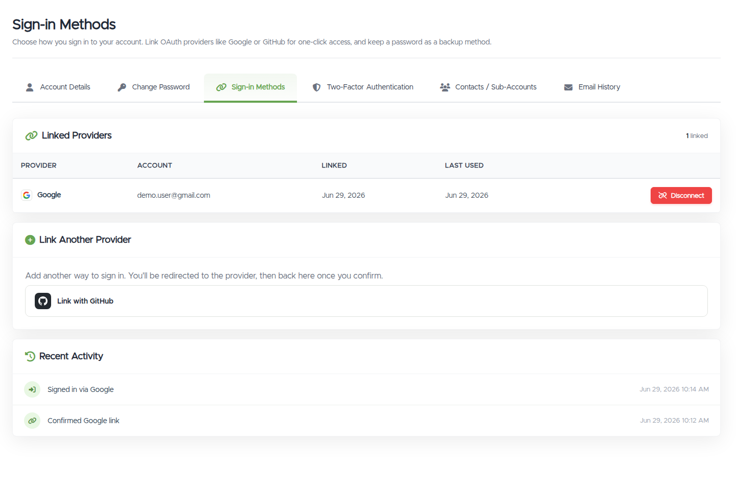 The Sign-in Methods page with a Google account under Linked Providers (with a Disconnect button), a Link Another Provider section offering GitHub, and Recent Activity below