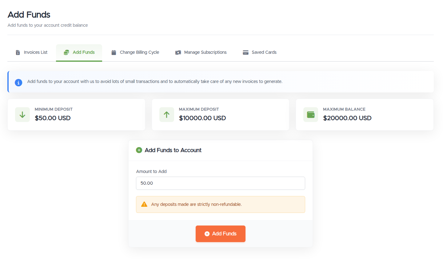 The Add Funds page with Minimum Deposit, Maximum Deposit, and Maximum Balance tiles, an Amount to Add field, a non-refundable warning, and an Add Funds button