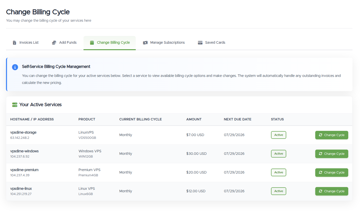The Change Billing Cycle page with a Your Active Services table and a Change Cycle button per service