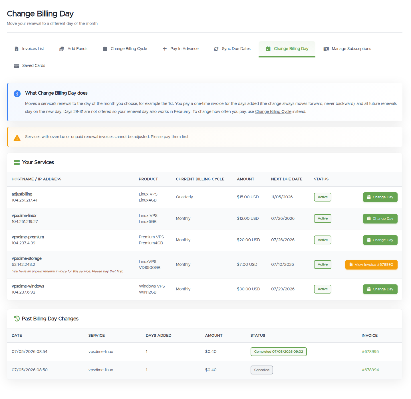 The Change Billing Day page with a Your Services table and a Change Day button per service
