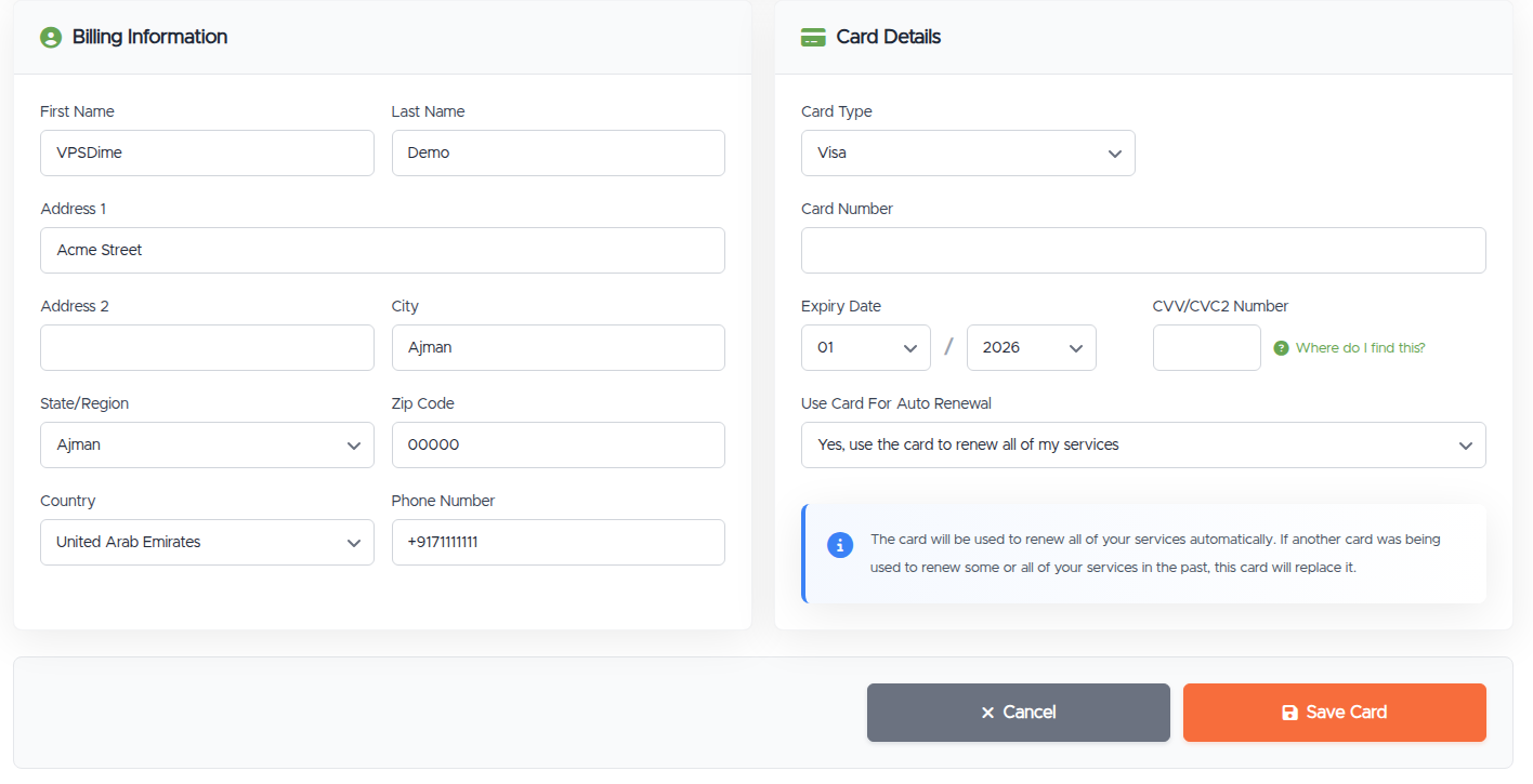 The Add New Card form: Billing Information and Card Details panels, the Use Card For Auto Renewal selector, and Save Card / Cancel buttons