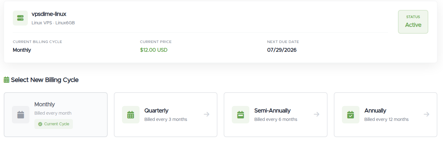 The cycle selection screen: the service's current cycle, price, and next due date, above Monthly, Quarterly, Semi-Annually, and Annually options