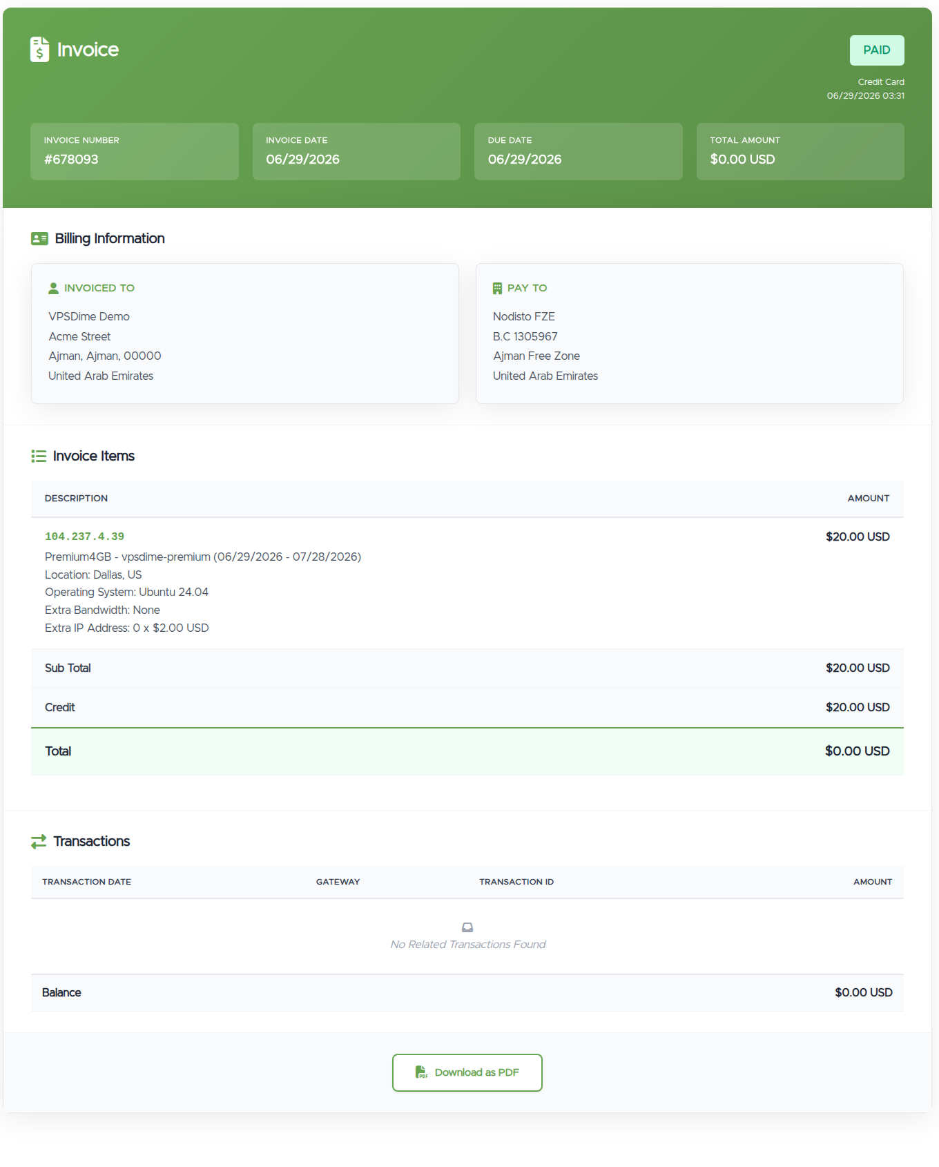 A paid invoice: the PAID header with invoice number and dates, Billing Information, Invoice Items with credit applied and a $0.00 total, Transactions, and a Download as PDF button