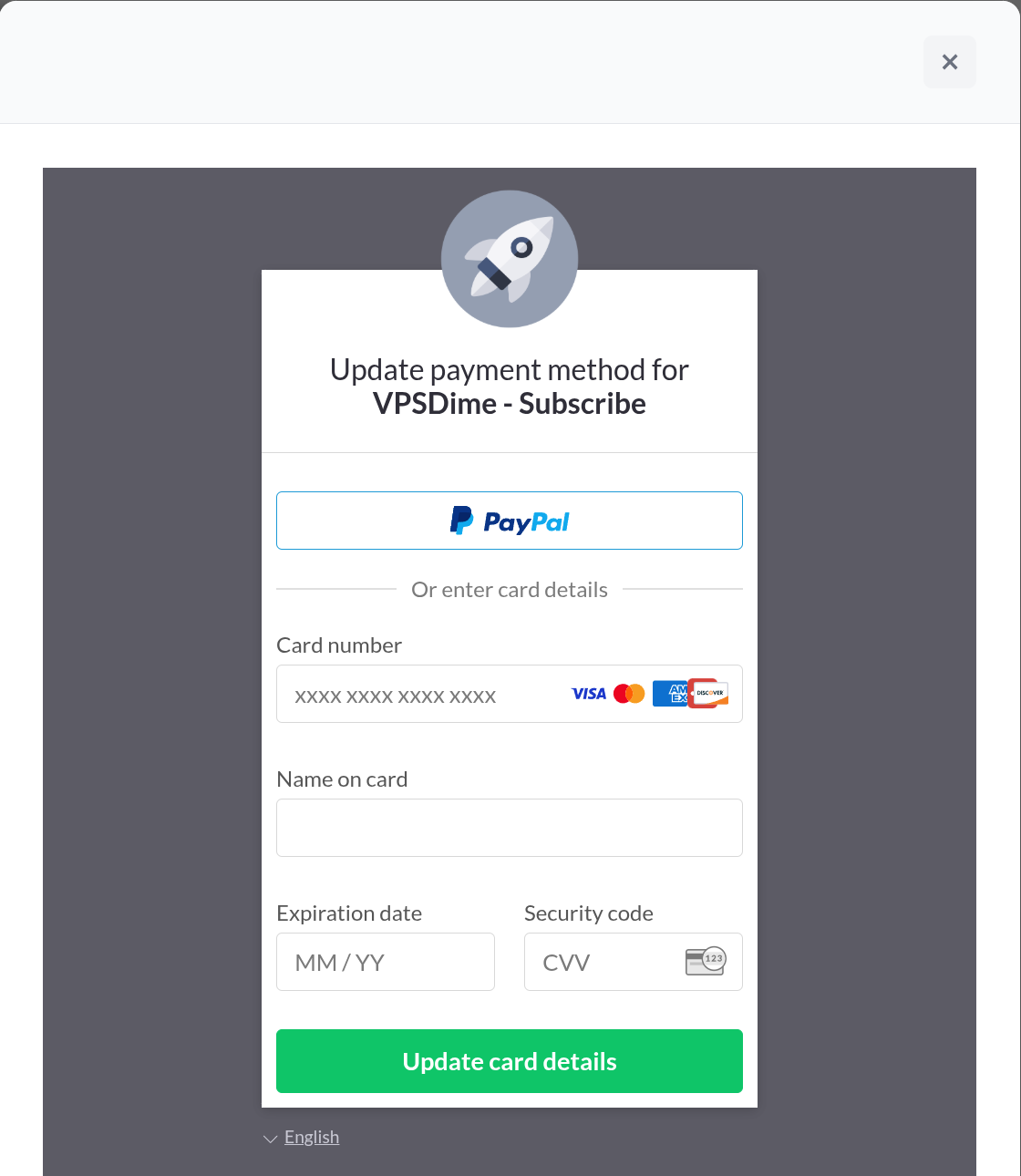 The subscription management window opened by Manage: a PayPal button, card number, name, expiry, and CVV fields, and an Update card details button