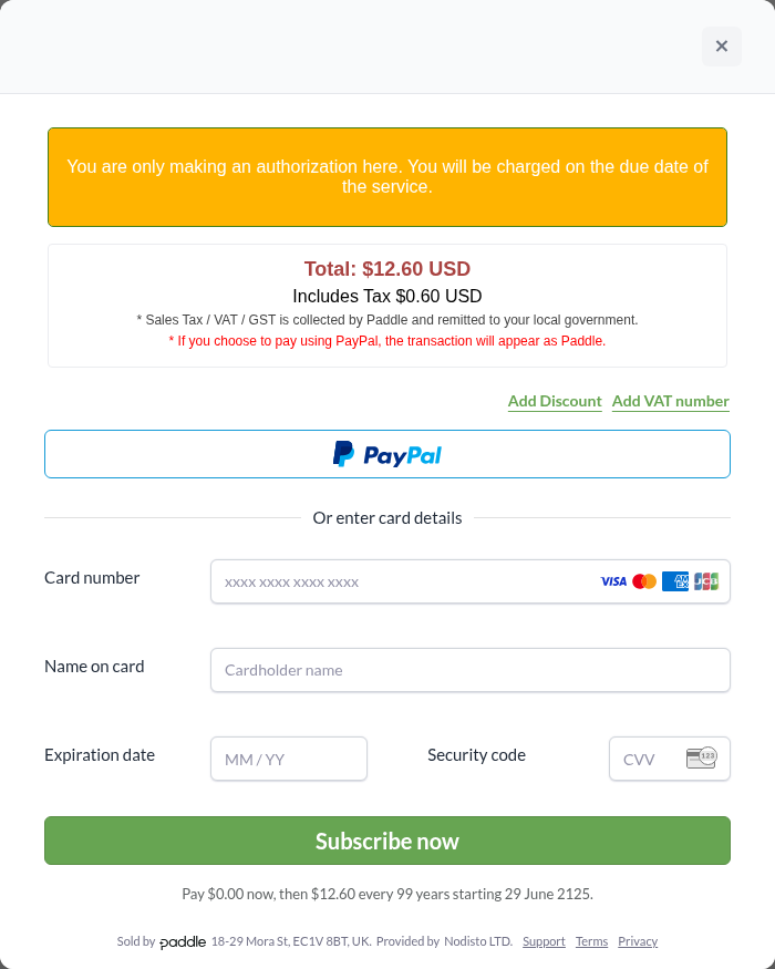 The Paddle subscription window that opens next: an authorization-only notice, the total with tax, a PayPal button, card fields, and a Subscribe now button
