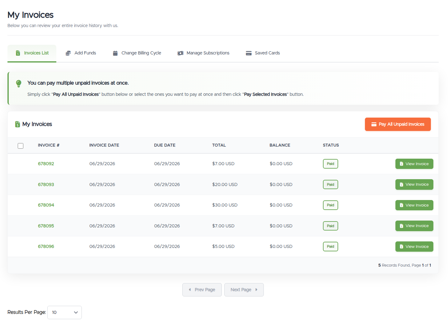 The My Invoices page: a table of invoices with status badges and View Invoice buttons, plus a Pay All Unpaid Invoices button