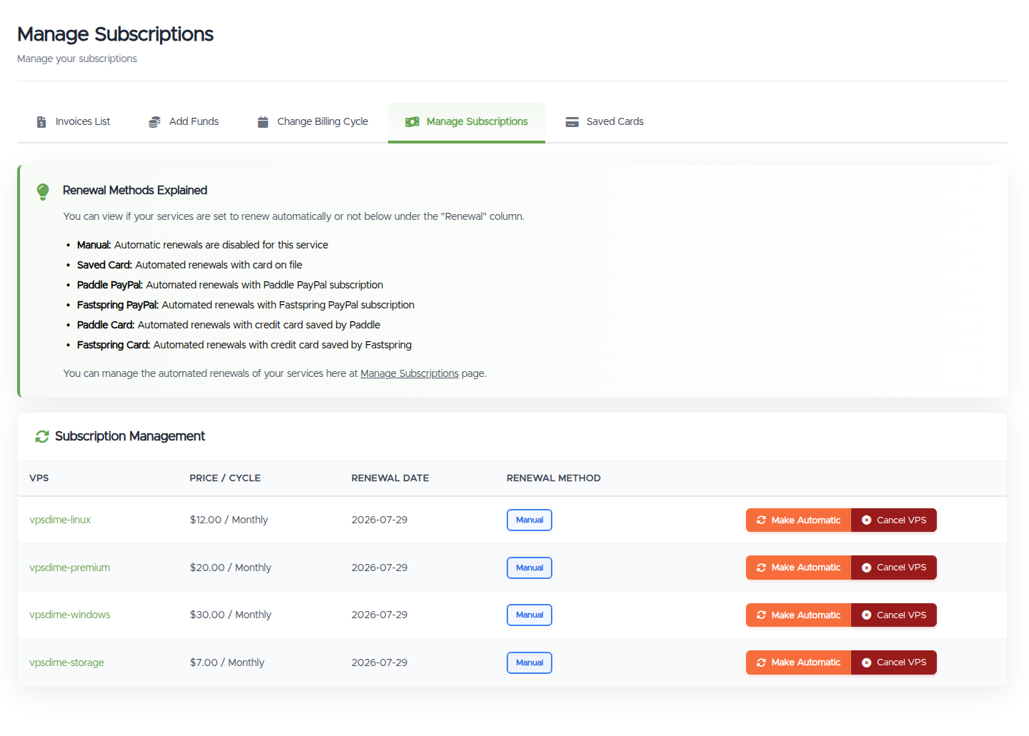 The Manage Subscriptions page: the Renewal Methods Explained key above a Subscription Management table with Renewal Method badges and Make Automatic / Cancel VPS buttons