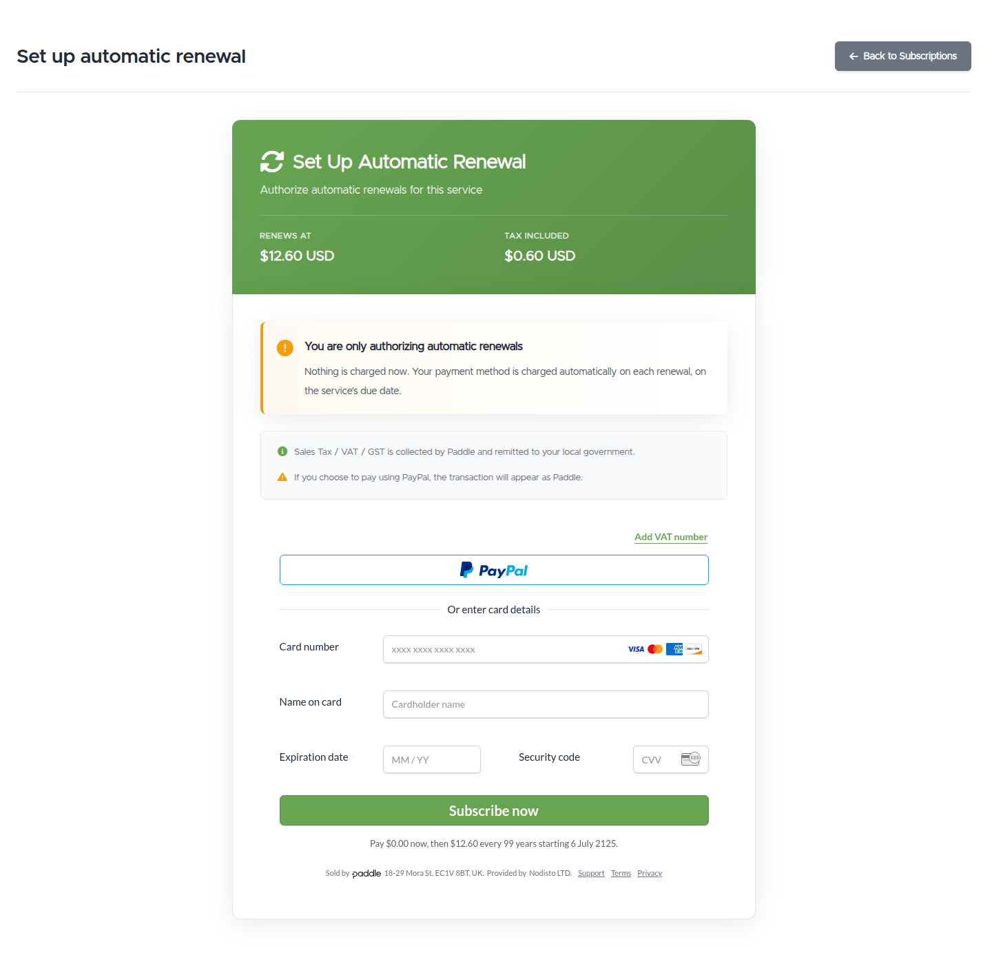 The Set up automatic renewal page: an authorization-only notice, the renewal amount with tax, a PayPal button, card fields, and a Subscribe now button