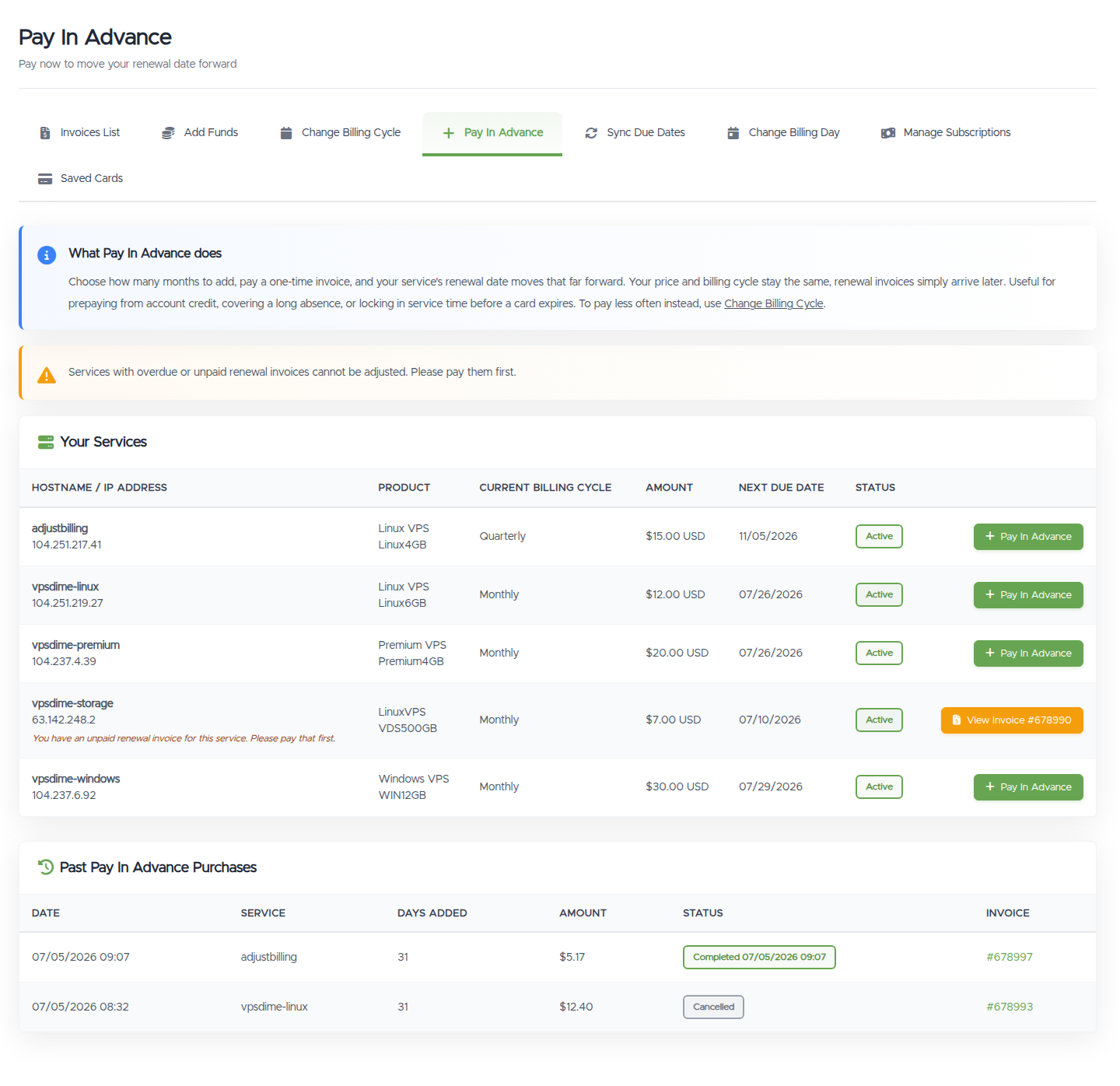 The Pay In Advance page with a Your Services table and a Pay In Advance button per service