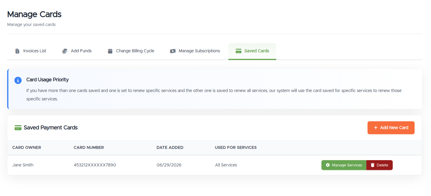 The Saved Cards page: the Card Usage Priority notice, a Saved Payment Cards table with Manage Services and Delete buttons per card, and an Add New Card button
