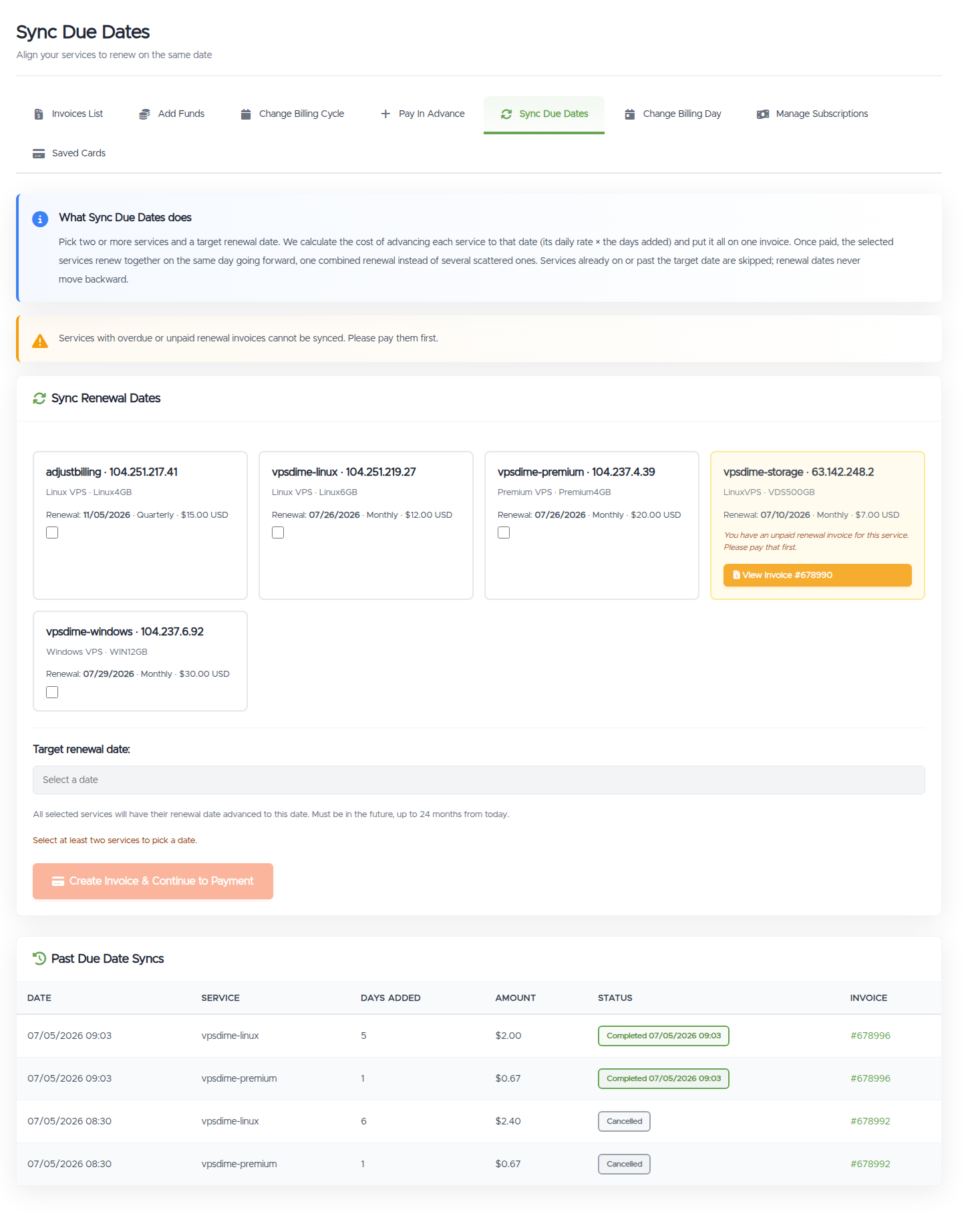 The Sync Due Dates page: selectable service cards, a locked date field, and a hint to select at least two services
