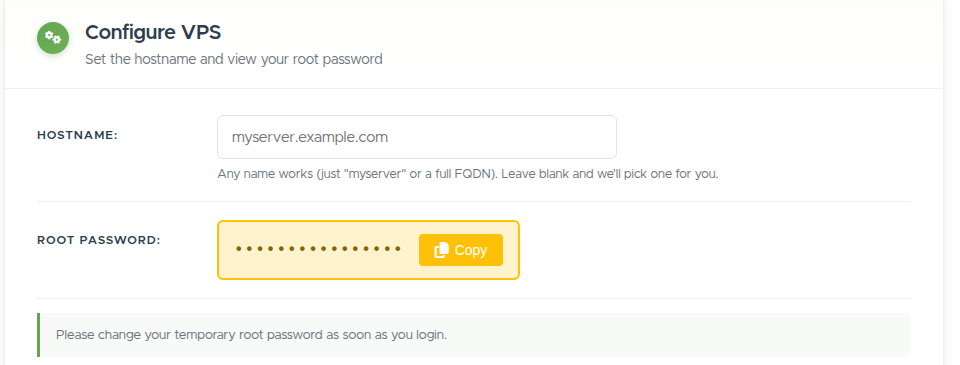 The Configure VPS card with a hostname field and the generated root password with its Copy button