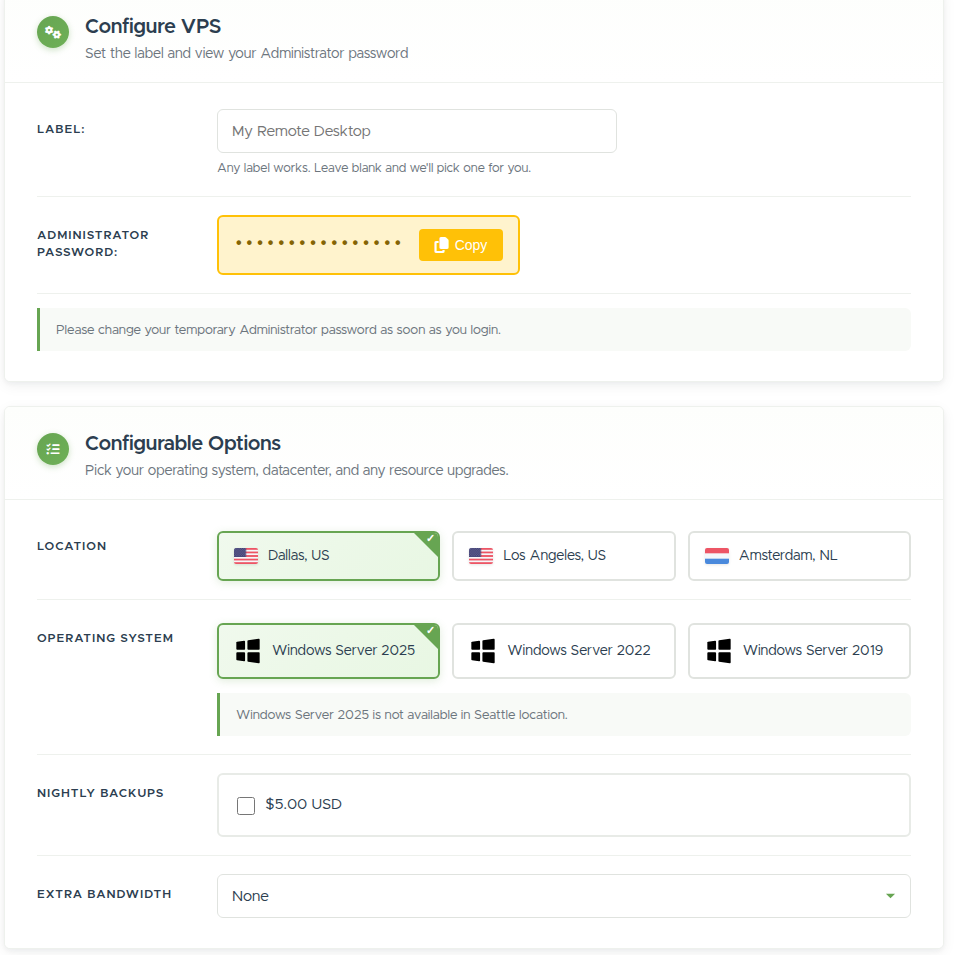 The Windows VPS configuration: a Label field and Administrator password instead of a hostname and root password, Windows Server 2025/2022/2019 options, and only Nightly Backups and Extra Bandwidth as extras