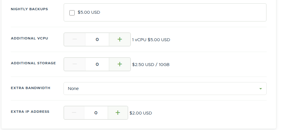 The optional extras on a Linux VPS: Nightly Backups, Additional vCPU, Additional Storage, Extra Bandwidth, and Extra IP Address, each with its price