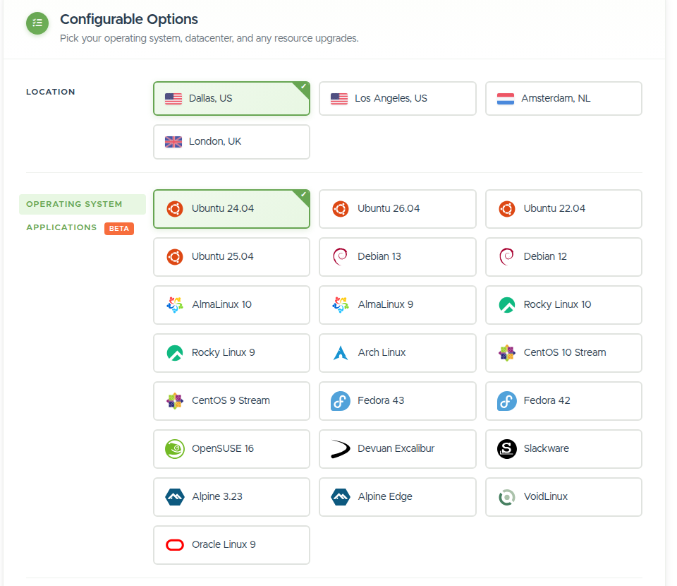The Configurable Options card: location buttons per datacenter, then the operating system grid with an Applications (beta) tab