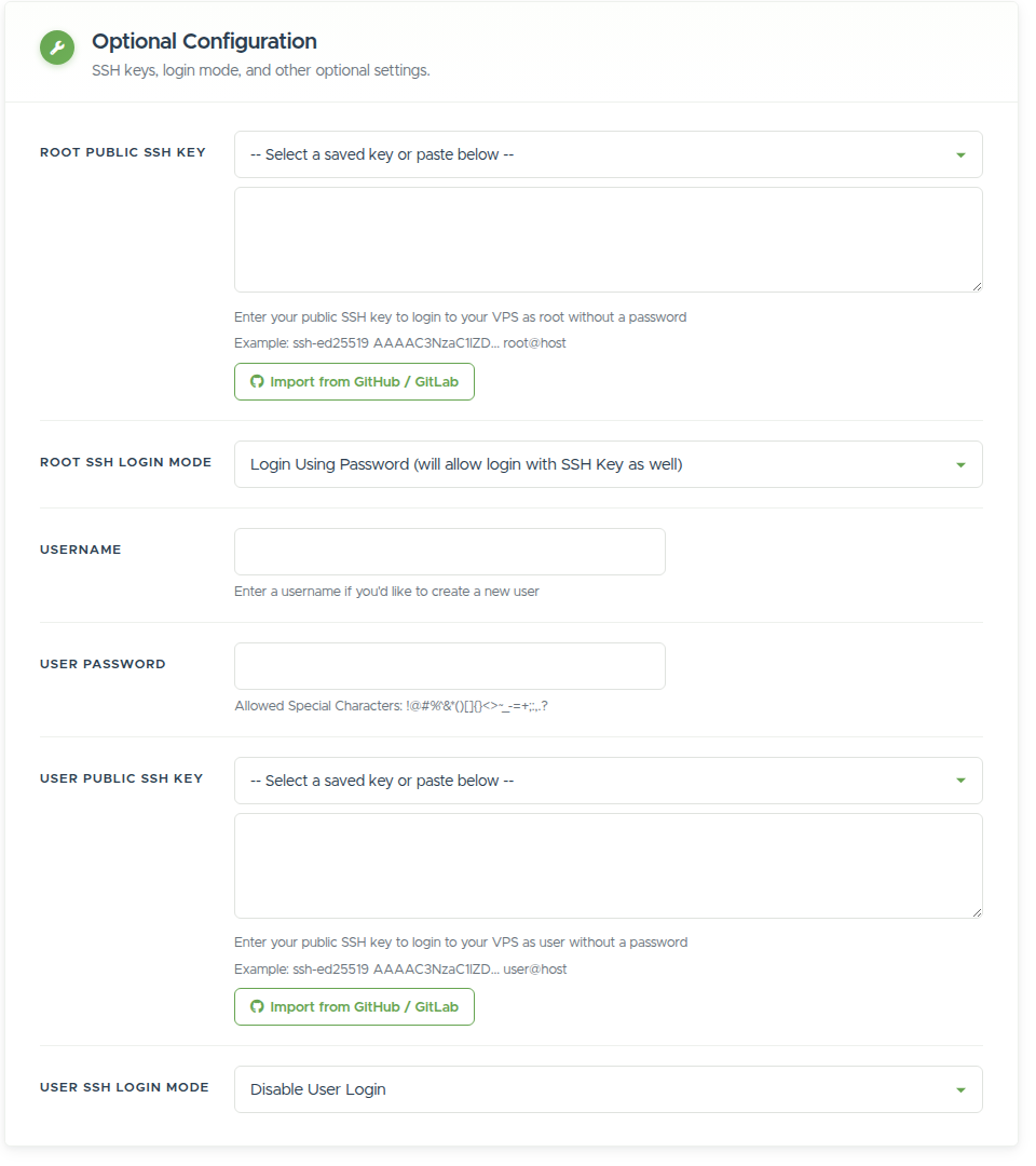 The Optional Configuration card: root public SSH key (with GitHub/GitLab import), root SSH login mode, and optional user fields