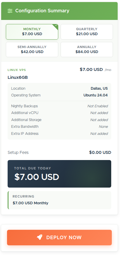 The Configuration Summary sidebar: billing cycle prices, the plan's location, OS and extras, Total Due Today, the recurring amount, and the Deploy Now button