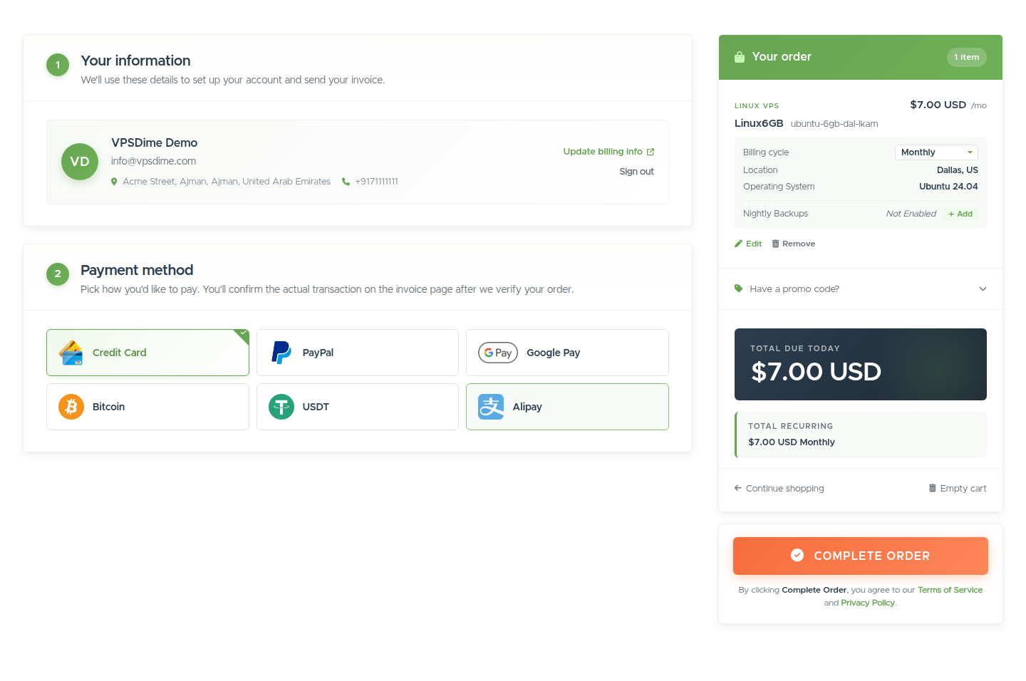 The checkout page: your information, a payment method selector (Credit Card, PayPal, Google Pay, Bitcoin, USDT, Alipay), and the order summary with a Complete Order button