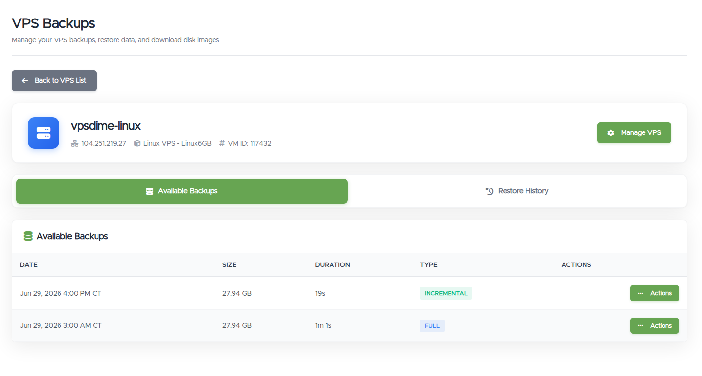 A VPS's backup list: the Available Backups tab with a row per backup showing date, size, duration, a Full or Incremental type badge, and an Actions button