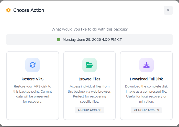 The Choose Action window for a backup: Restore VPS, Browse Files, and Download Full Disk options