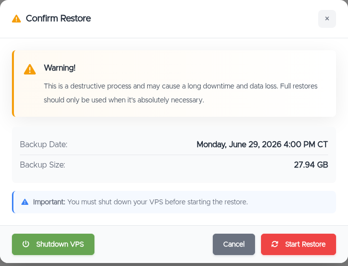 The Confirm Restore window: the destructive-process warning, backup date and size, the shut-down reminder, and Shutdown VPS / Cancel / Start Restore buttons