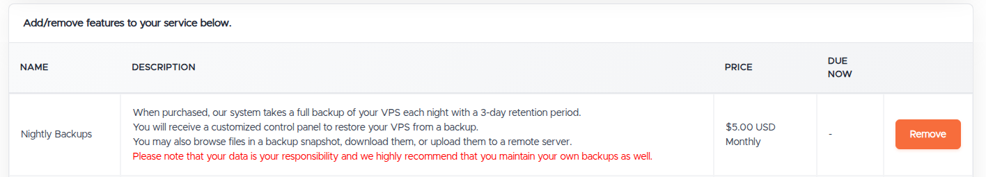 The Nightly Backups row on the Extra Features tab, showing the description and $5.00 USD Monthly price. On this VPS the add-on is already active, so the button reads Remove; before purchase it reads Buy Now