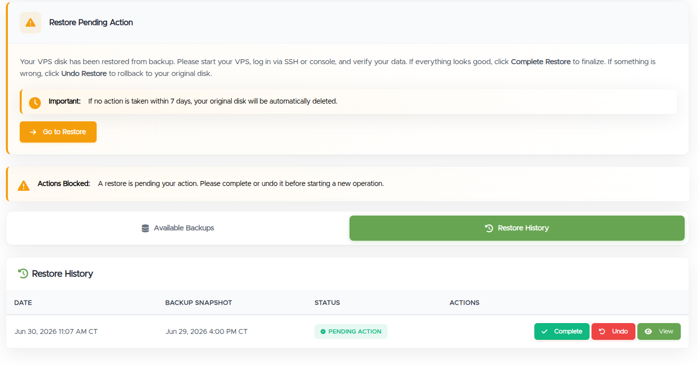 A restore waiting on you: the Restore Pending Action notice with Go to Restore, the Actions Blocked banner, and the Restore History tab with a Pending Action row and Complete / Undo / View buttons