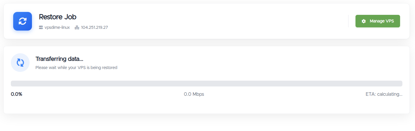 The Restore Job page showing "Transferring data..." with a progress bar, percentage, speed, and ETA