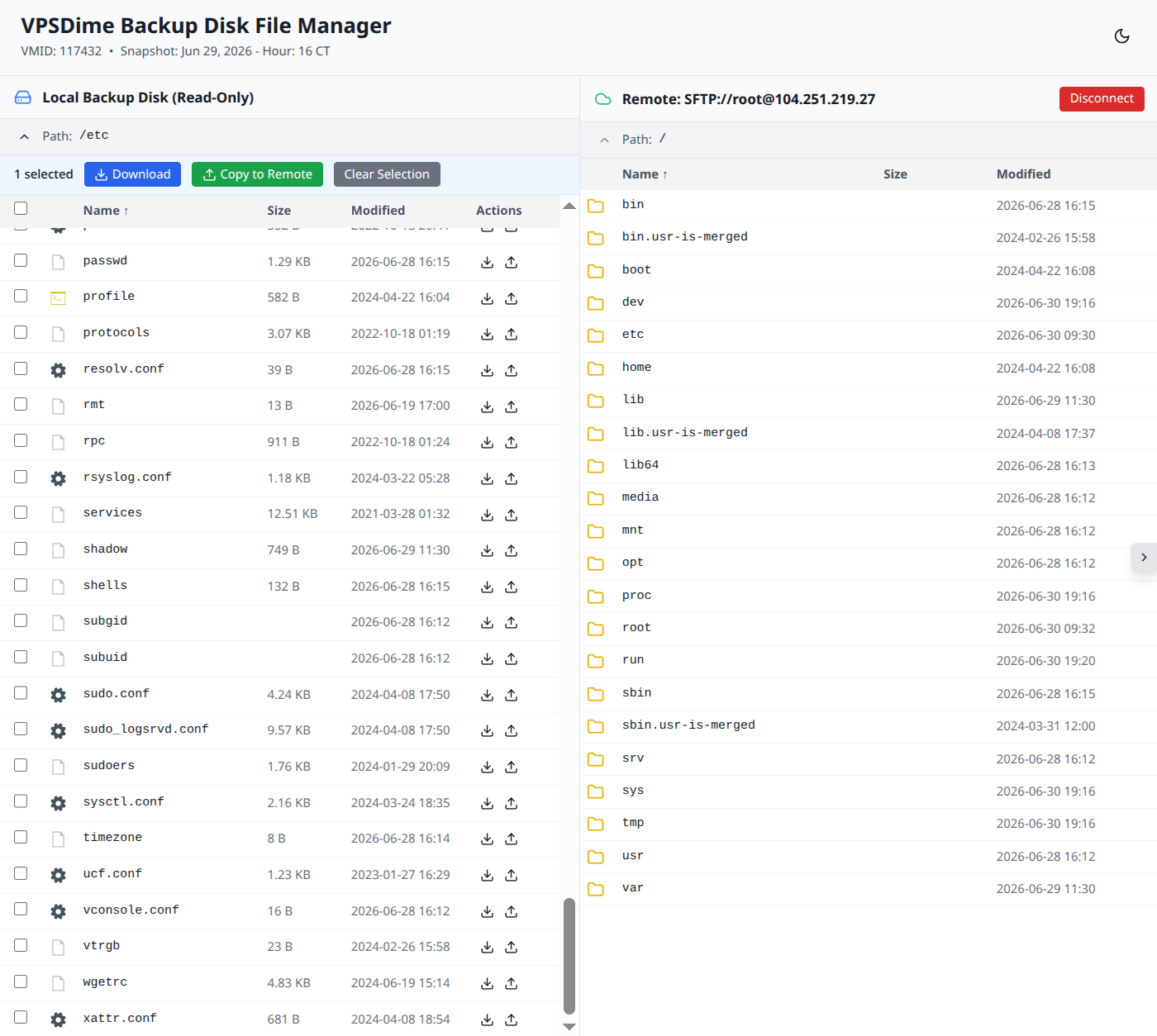 The file manager connected over SFTP: backup files selected on the left with Download and Copy to Remote buttons, and the live VPS's filesystem on the right