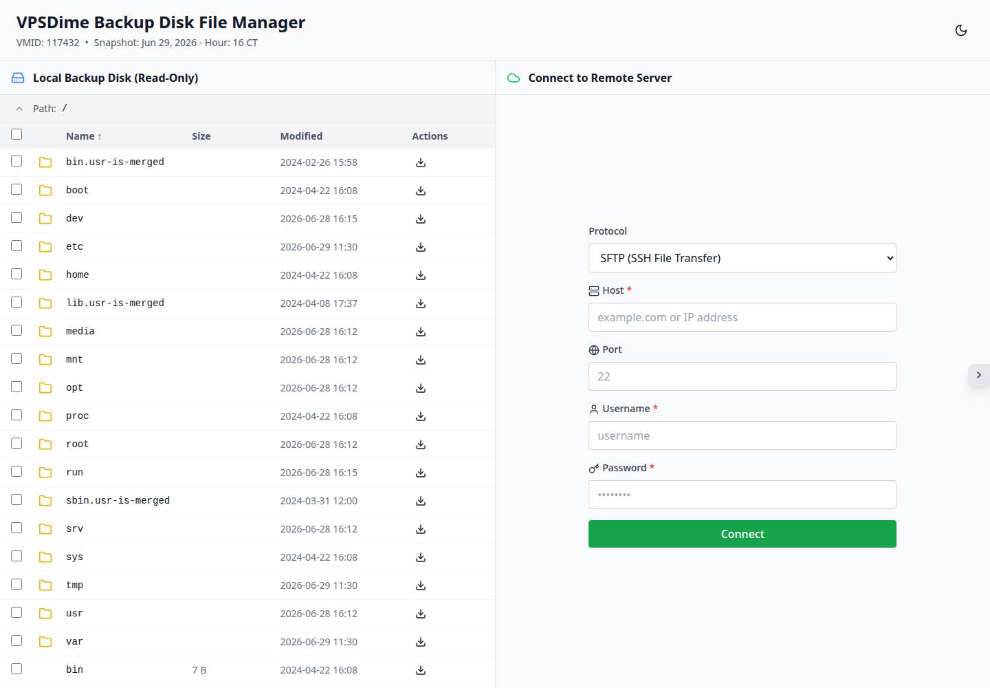 The VPSDime Backup Disk File Manager: the read-only backup files on the left and a Connect to Remote Server form (protocol, host, port, username, password) on the right