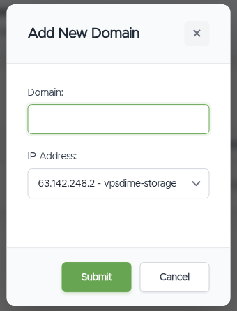The Add New Domain dialog: a Domain field and a VPS IP selector