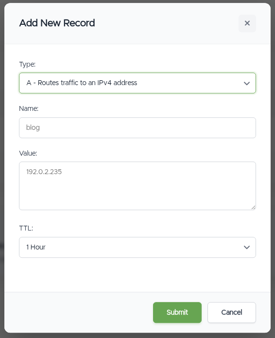 The Add New Record dialog: Type, Name, Value, and TTL fields; the Type selector explains each record type